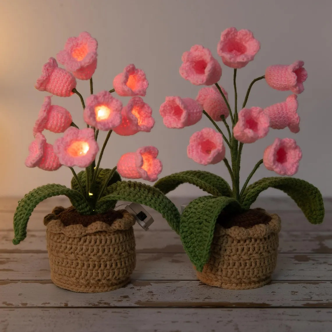 Crochet Handmade Lily of the Valley Lamp - Potted Flower Light - Desk Decoration Nightstand Lamp - Unique Forever Gift Home Decor