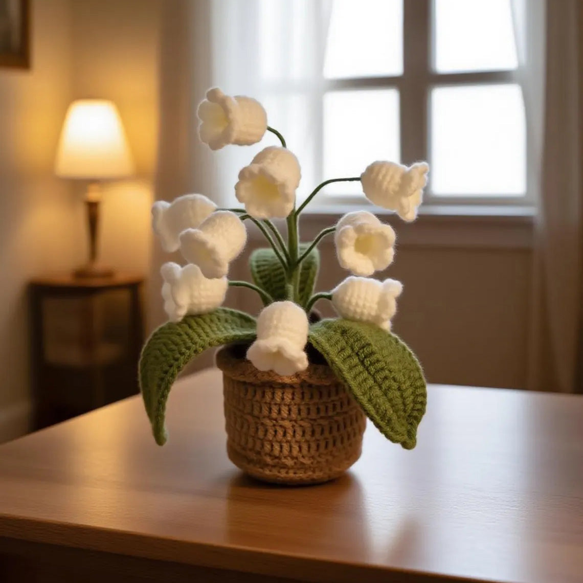 Crochet Handmade Lily of the Valley Lamp - Potted Flower Light - Desk Decoration Nightstand Lamp - Unique Forever Gift Home Decor
