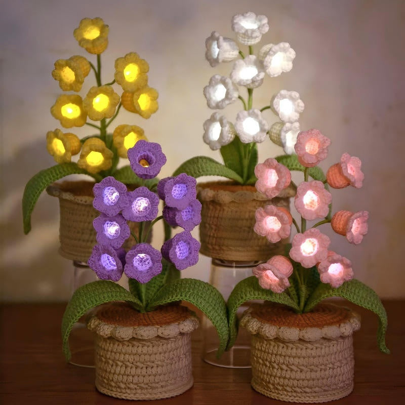 Crochet Handmade Lily of the Valley Lamp - Potted Flower Light - Desk Decoration Nightstand Lamp - Unique Forever Gift Home Decor