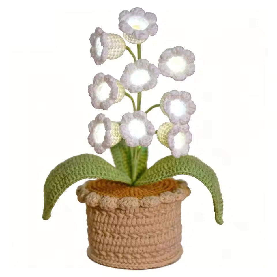 Crochet Handmade Lily of the Valley Lamp - Potted Flower Light - Desk Decoration Nightstand Lamp - Unique Forever Gift Home Decor