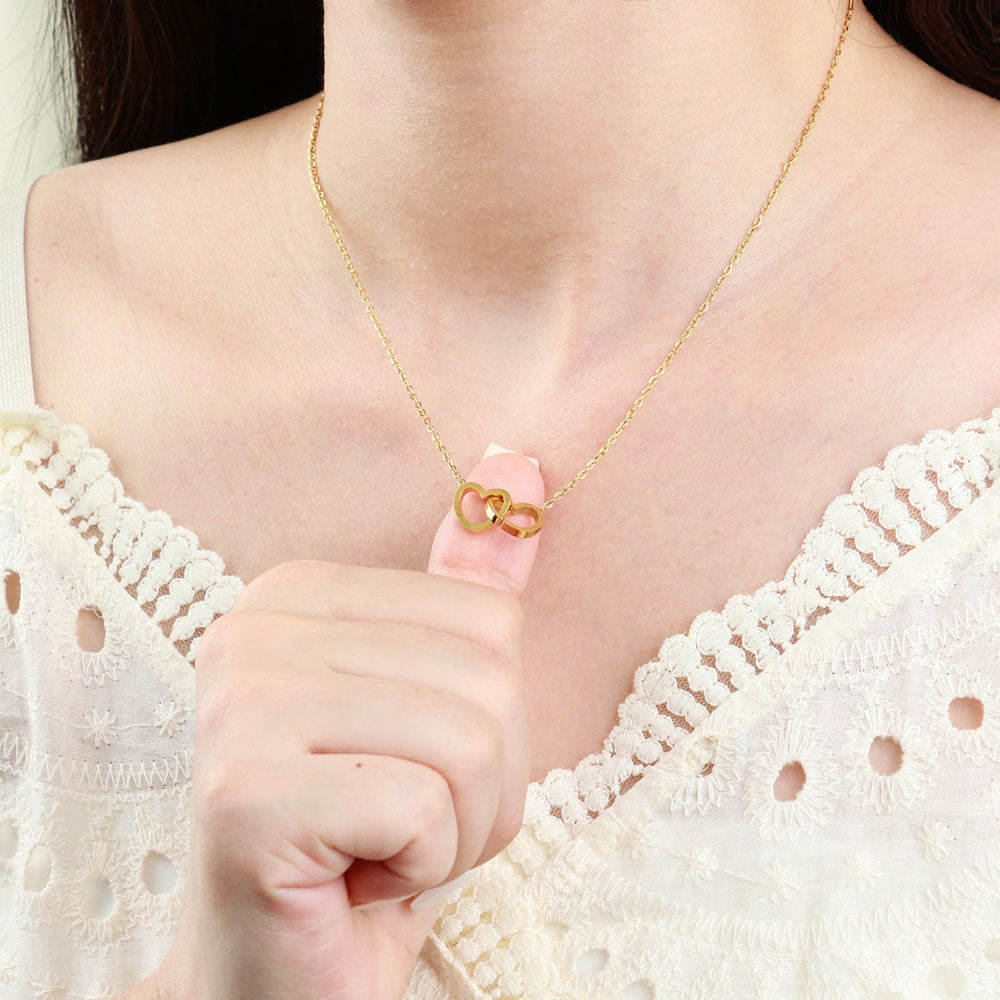Interlocking Hearts Necklace with Teddy Bear Eternal Rose Flower Rotating Gift Box - Mother's Day Gift
