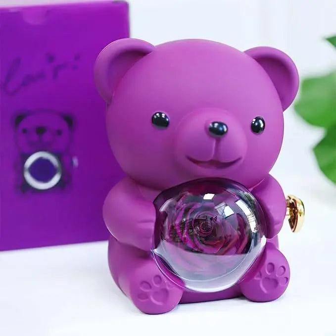 Interlocking Hearts Necklace with Teddy Bear Eternal Rose Flower Rotating Gift Box - Mother's Day Gift