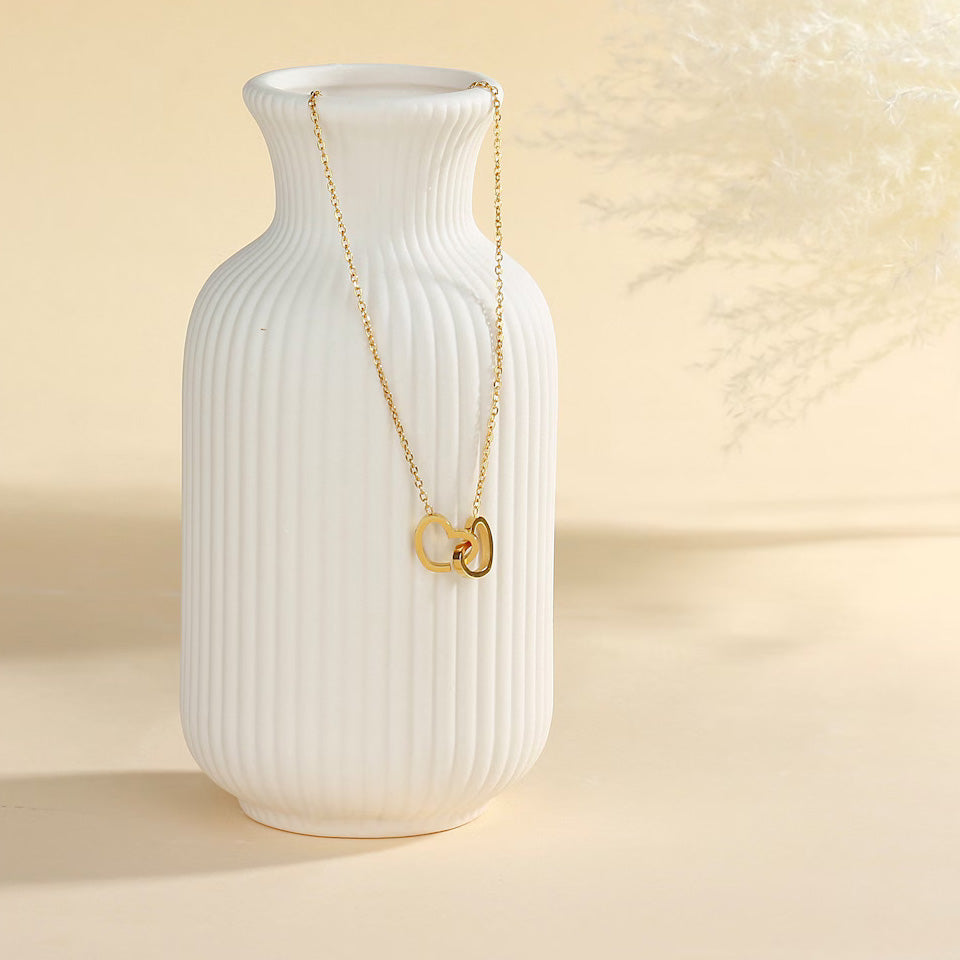 Interlocking Hearts Necklace with Teddy Bear Eternal Rose Flower Rotating Gift Box - Mother's Day Gift