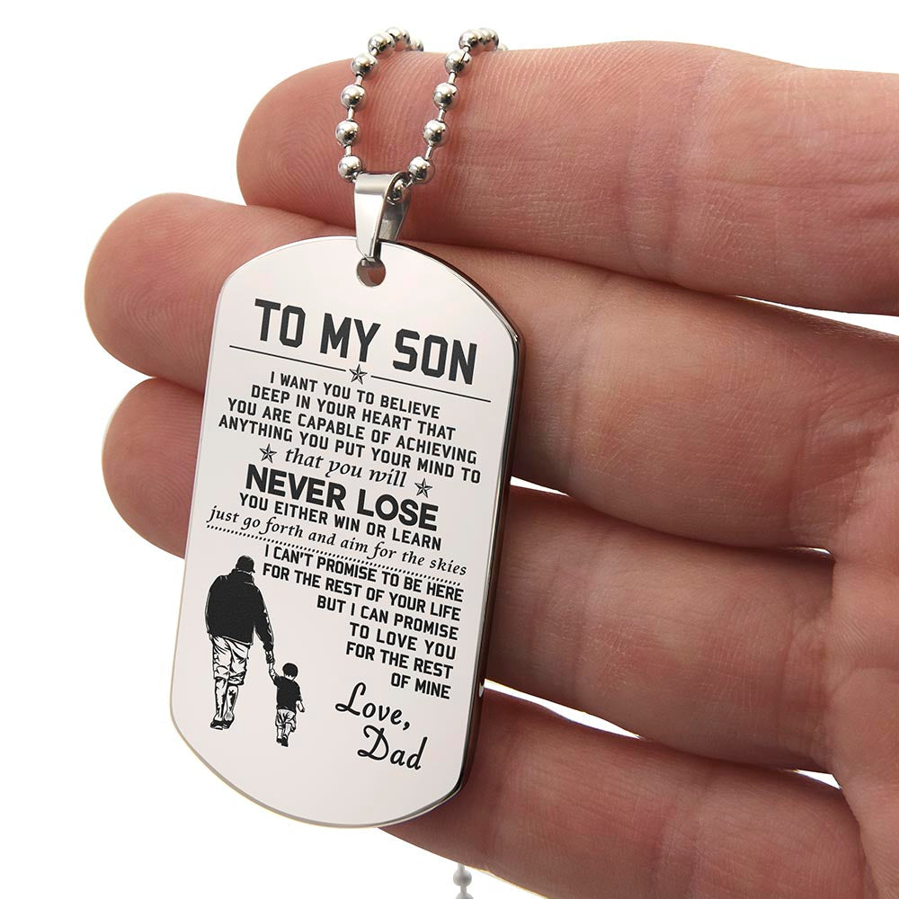 Son Win Or Learn, Engraved Dog Tag Necklace, Inspirational Gift For Son From Dad