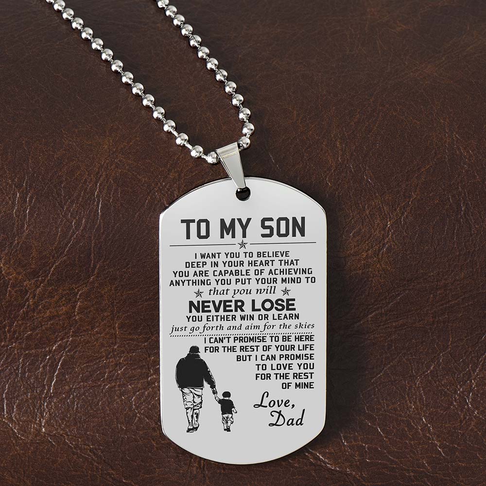 Son Win Or Learn, Engraved Dog Tag Necklace, Inspirational Gift For Son From Dad