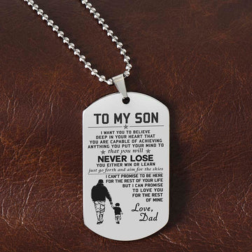 Son Win Or Learn, Engraved Dog Tag Necklace, Inspirational Gift For Son From Dad