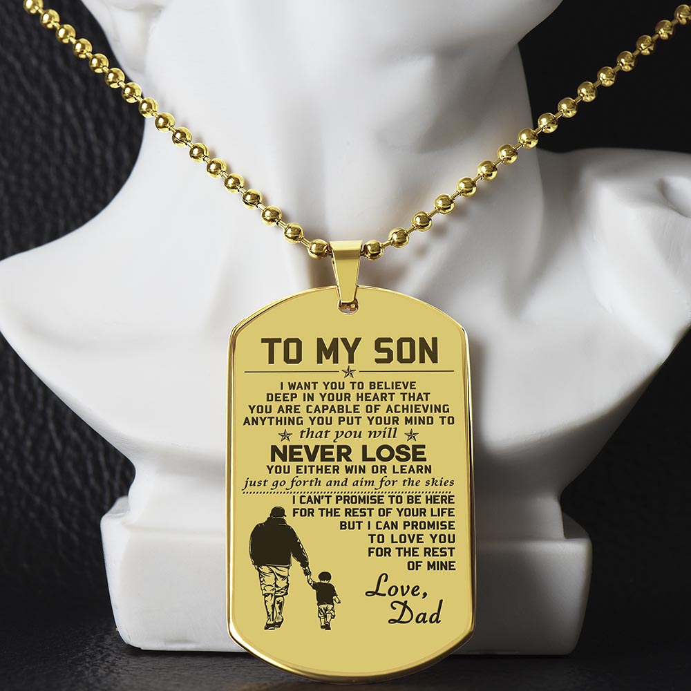 Son Win Or Learn, Engraved Dog Tag Necklace, Inspirational Gift For Son From Dad