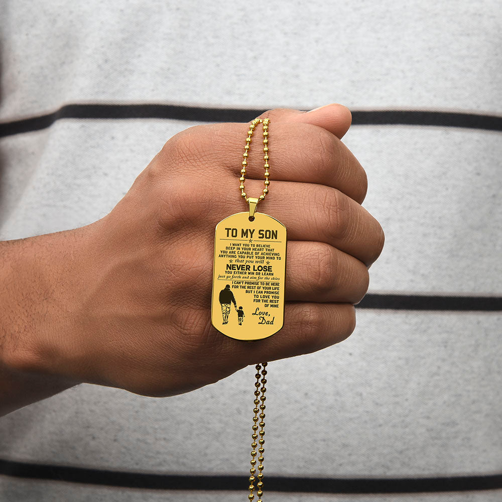 Son Win Or Learn, Engraved Dog Tag Necklace, Inspirational Gift For Son From Dad