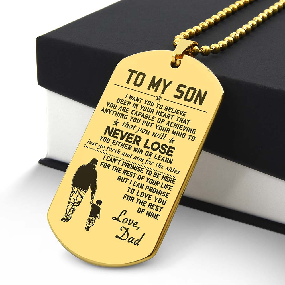Son Win Or Learn, Engraved Dog Tag Necklace, Inspirational Gift For Son From Dad