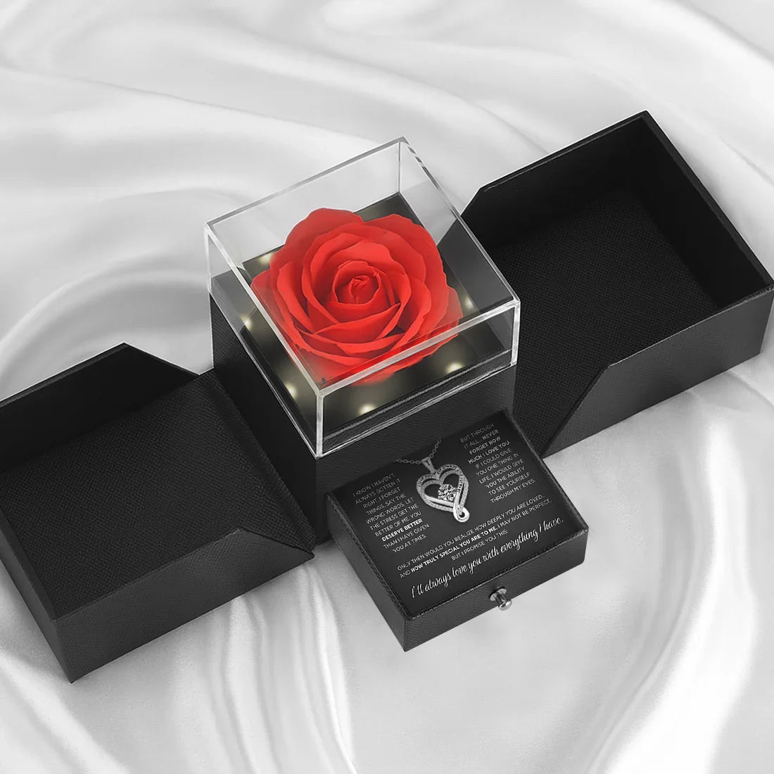 Sparkling Heart Necklace for Wife with Eternal Rose Light Box