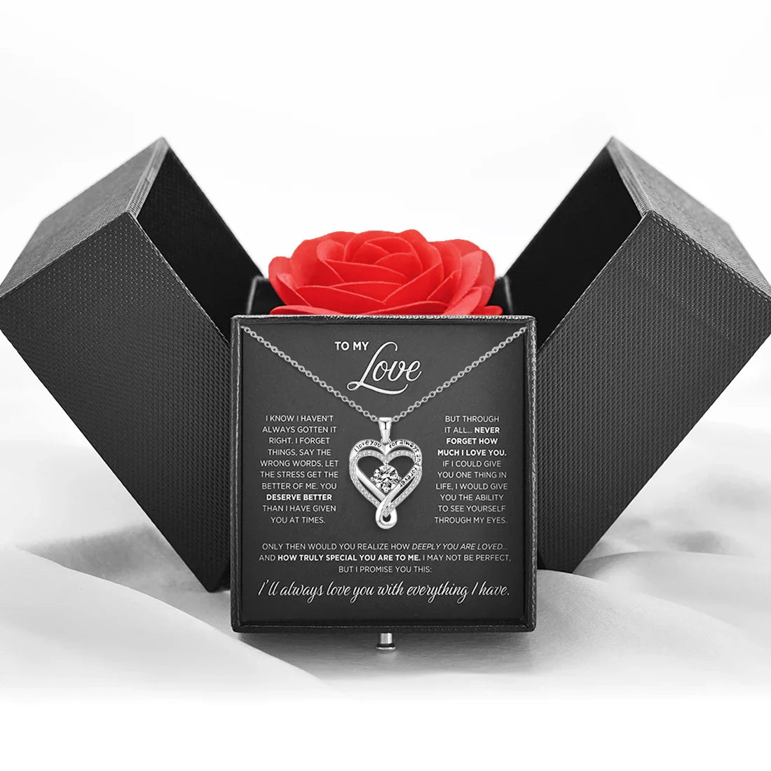 Sparkling Heart Necklace for Wife with Eternal Rose Light Box