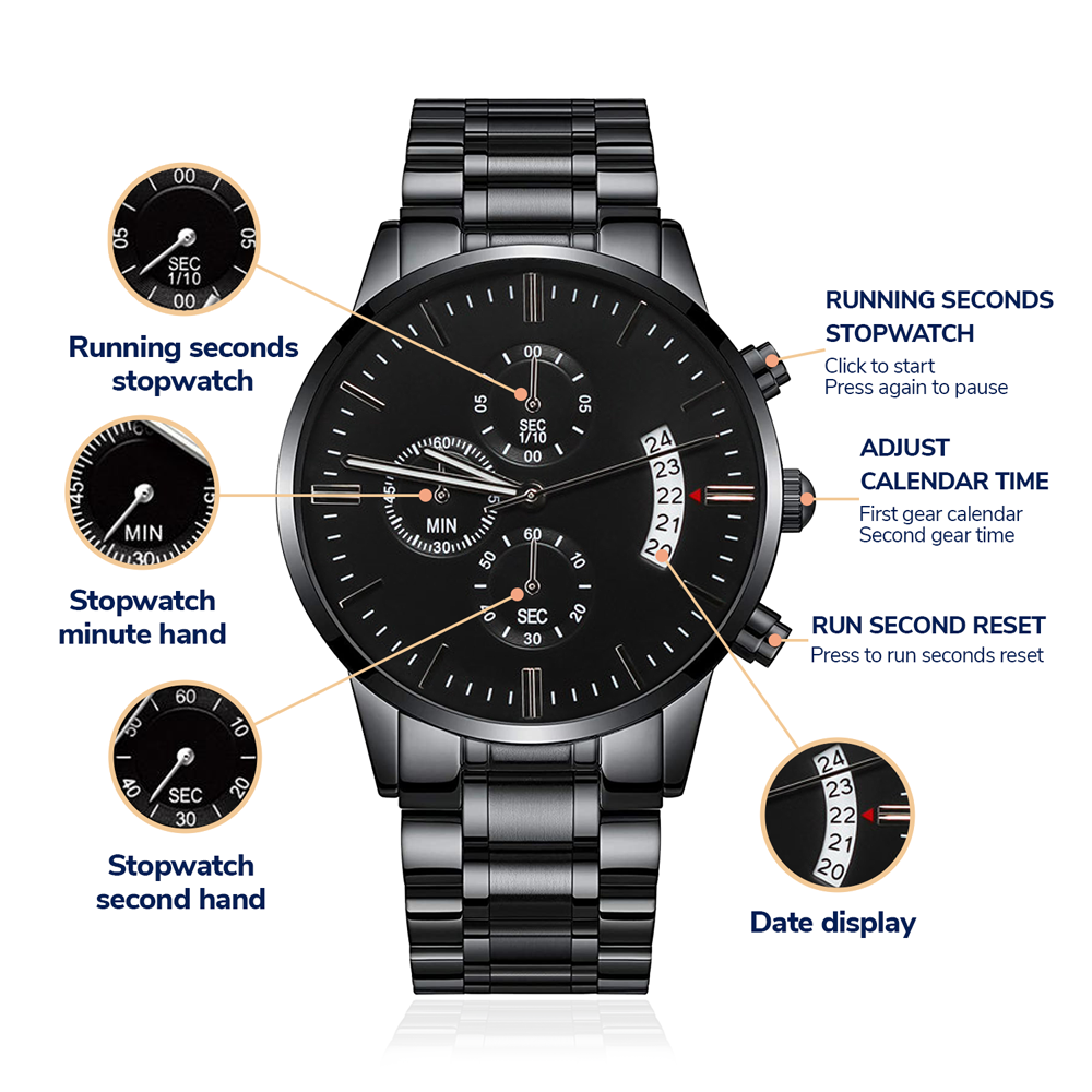 Son In My Heart, Engraved Black Chronograph Watch, Christmas Gift Idea for Son from Dad