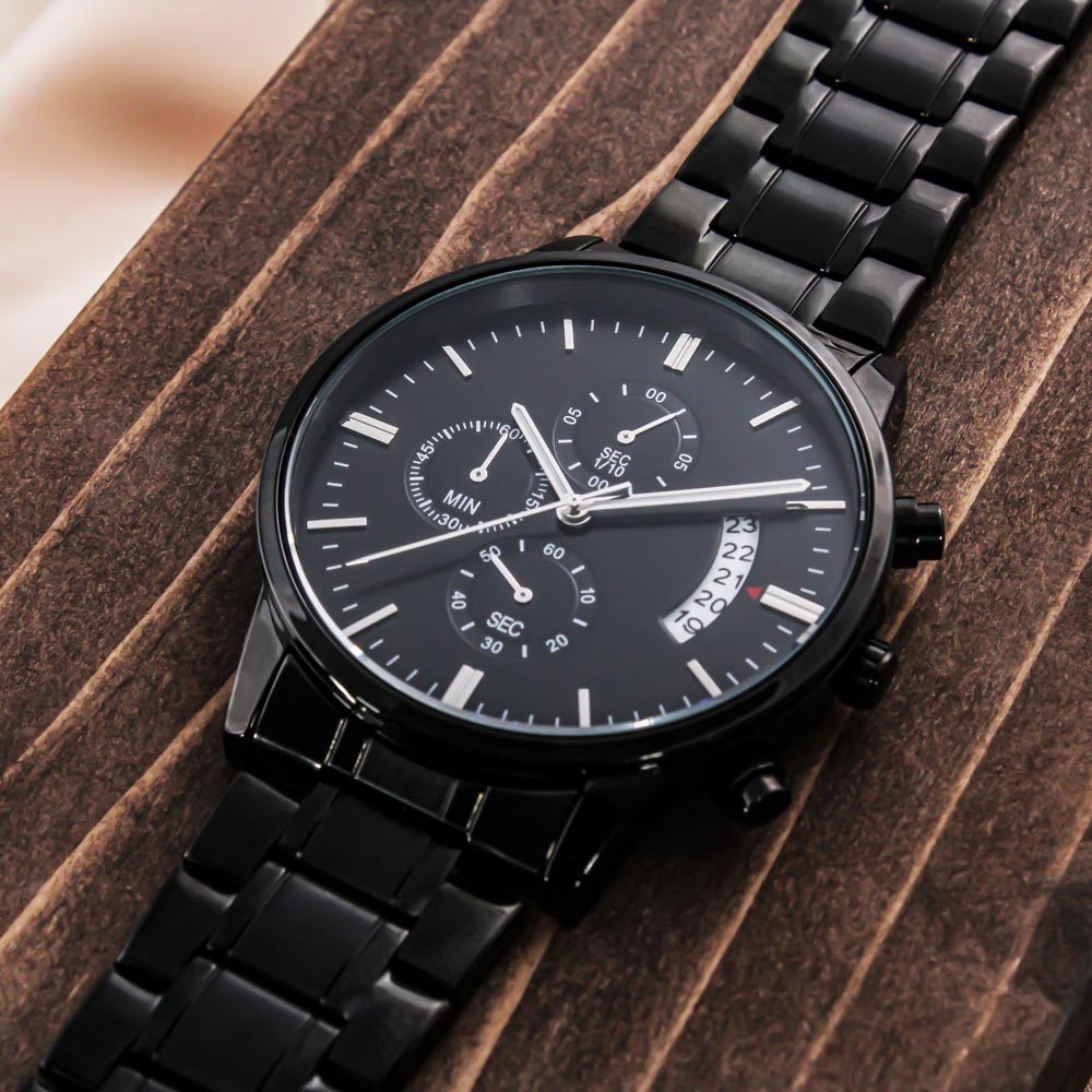Son Aim For The Skies, Engraved Design Black Chronograph Watch, Gift for Son from Dad
