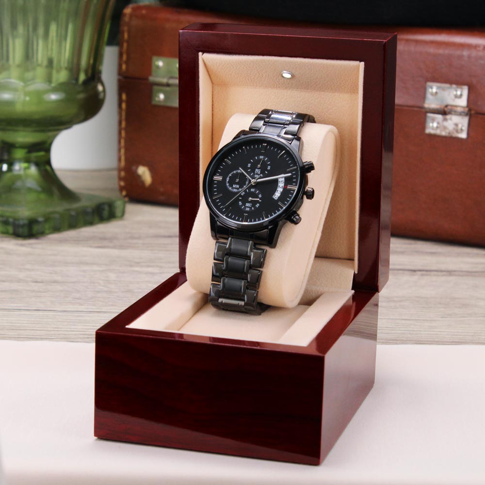 Son In My Heart, Engraved Black Chronograph Watch, Christmas Gift Idea for Son from Dad