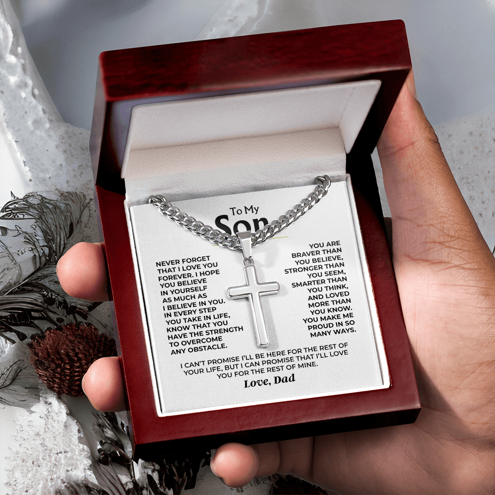 Son Make Me Proud - Artisan Cross on Cuban Link Chain - Best Gift for Son from Dad